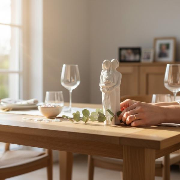 Handgegossenes Raysin‑Brautpaar in matter, weißer Optik, ca. 13 cm hoch.